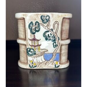 Vintage 1960's Cal Dania Pottery Ceramic Japanese Coastal Scene Motif Vase